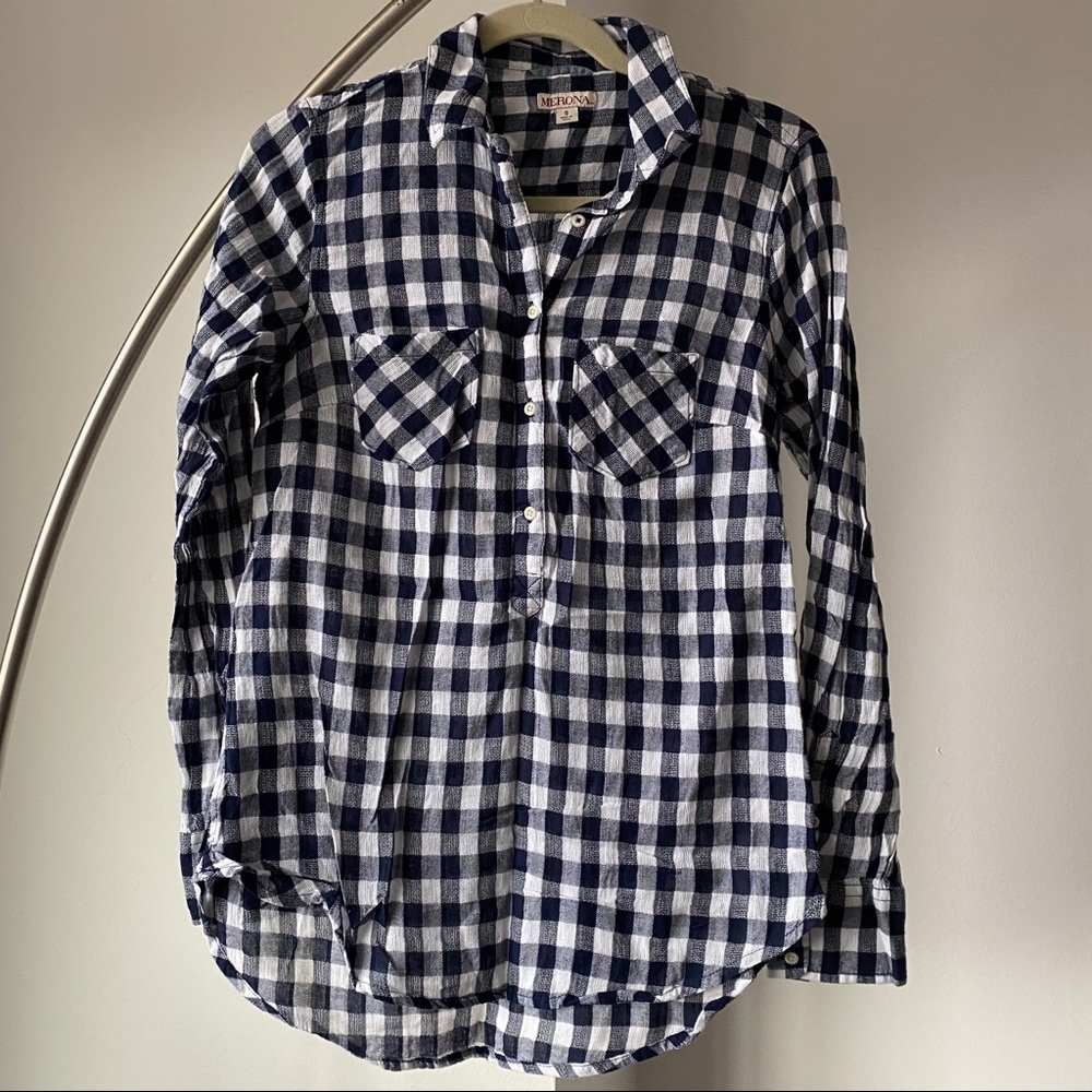Navy and white plaid flannel shirt